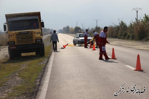 گزارش تصویری از حضور فرماندارشهرستان ترکمن در مانور تصادف جاده ای زنجیره ای در شرایط واقعی