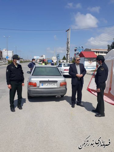 بازدید میدانی فرماندار ترکمن از اجرای طرح کشوری کاهش زنجیره انتقال ویروس کرونا در ورودی های شهرستان